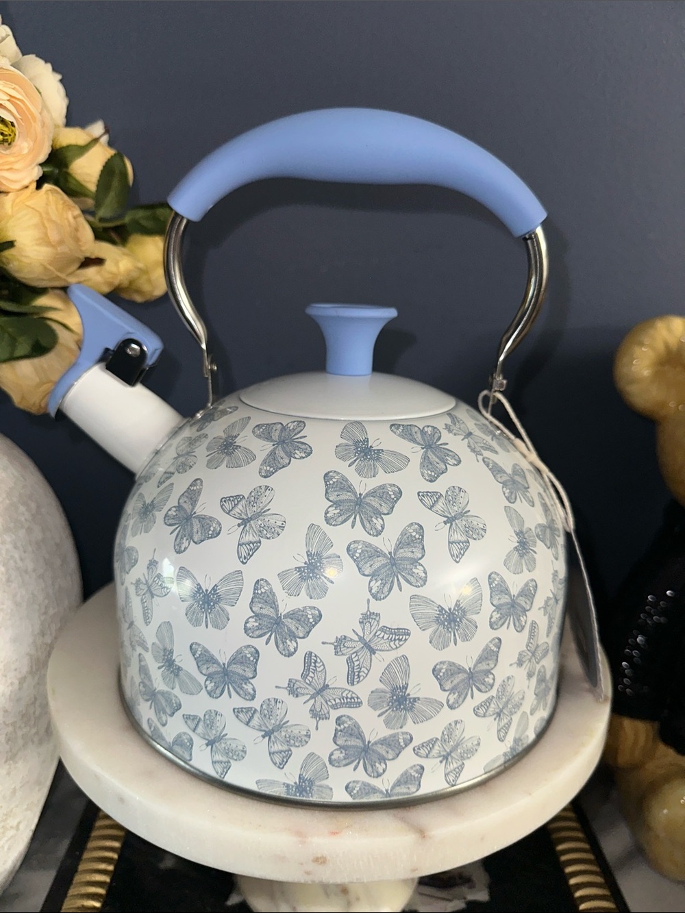 Aqua White Butterfly Pattern Whistling Teakettle with Light Blue Handle